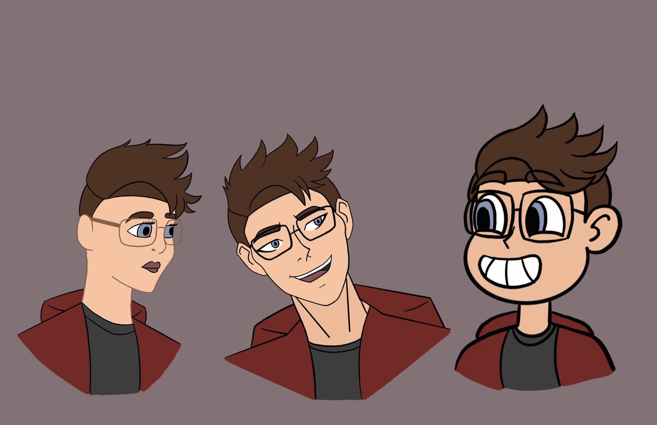 Cartoon illustration of three young men with glasses and brown hair, wearing matching red jackets, standing close together against a plain background.