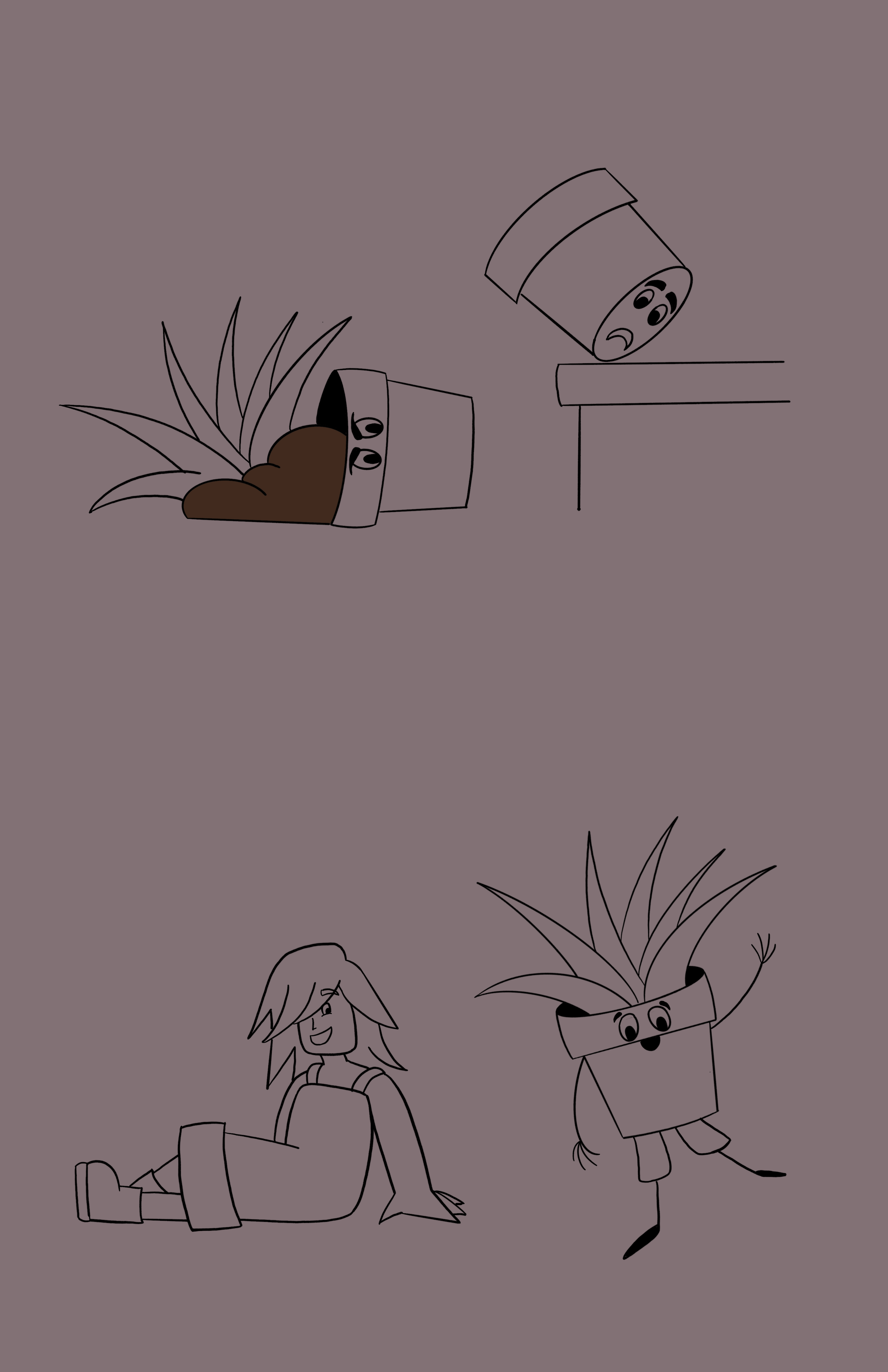 Cartoon drawing of a person sitting on the ground with a plant, and another person with a potted plant head standing nearby, with some plants in the background.