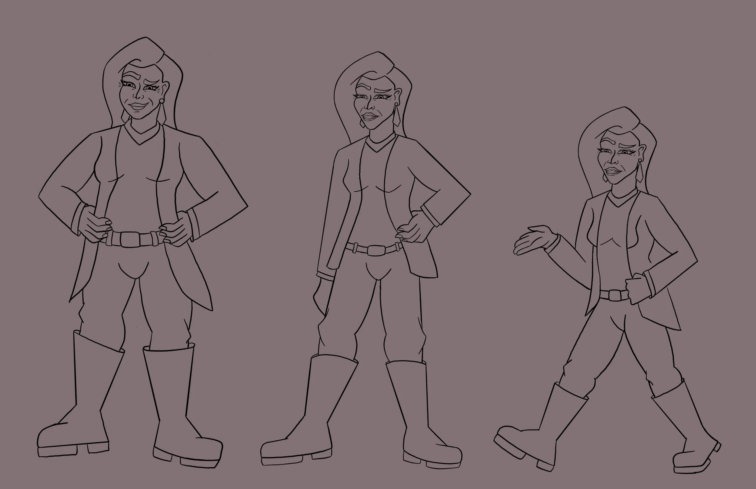 Line drawing of three women with superhero costumes, boots, and confident poses against a gray background.