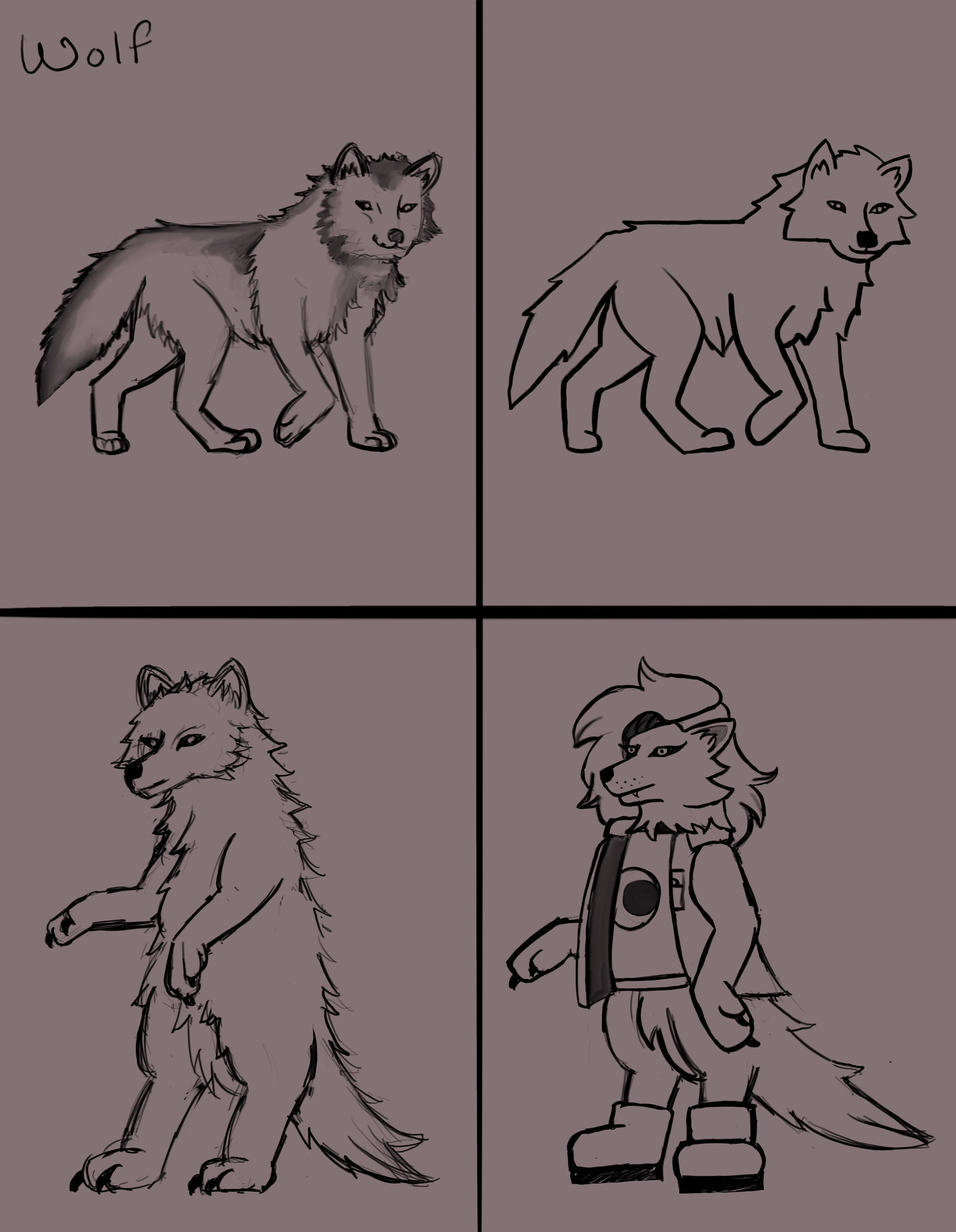 A drawing of two animal characters, a wolf on the left and a lion on the right, both with cartoonish features against a purple background.