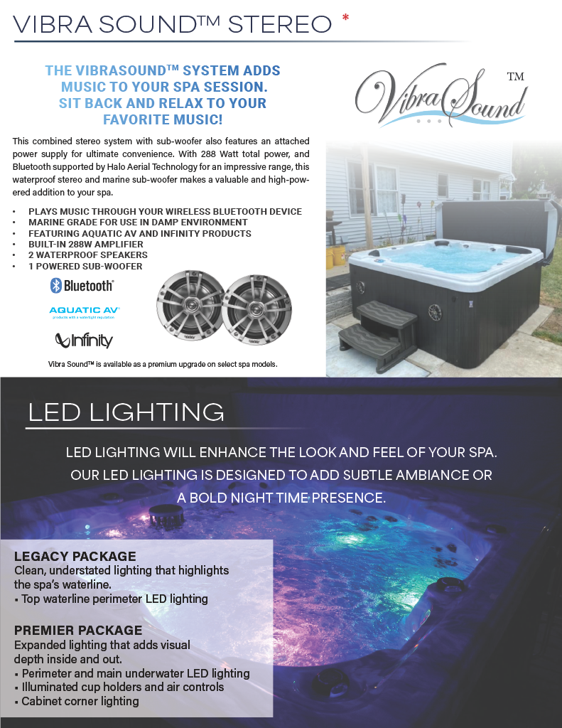 Pamphlet for Vibra Sound stereo system and LED lighting for spa, featuring images of speakers, a hot tub, and lighting effects.