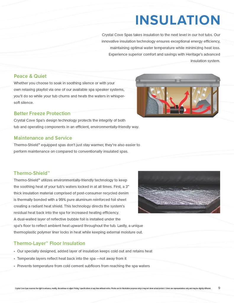 Diagram of a hot tub with water and heat flow arrows, accompanied by text explaining insulation technology, quiet operation, freeze protection, and maintenance features.