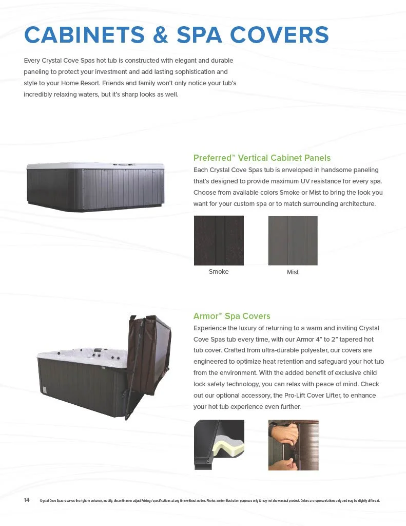 Page about cabinets and spa covers for Crystal Cove Spas hot tubs, showing a gray vertical cabinet panel in smoke color, a photo of a hot tub with Armor spa cover, and close-ups of the cover's insulated layers and child safety lock.