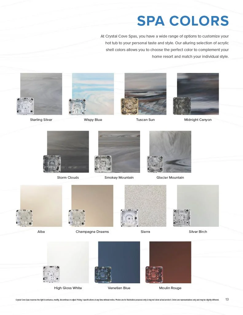 Image showcasing various acrylic shell colors for spa hot tubs, including Sterling Silver, Wispy Blue, Tuscan Sun, Midnight Canyon, Storm Clouds, Smokey Mountain, Glacier Mountain, Alba, Champagne Dreams, Sierra, Silver Birch, High Gloss White, Venet