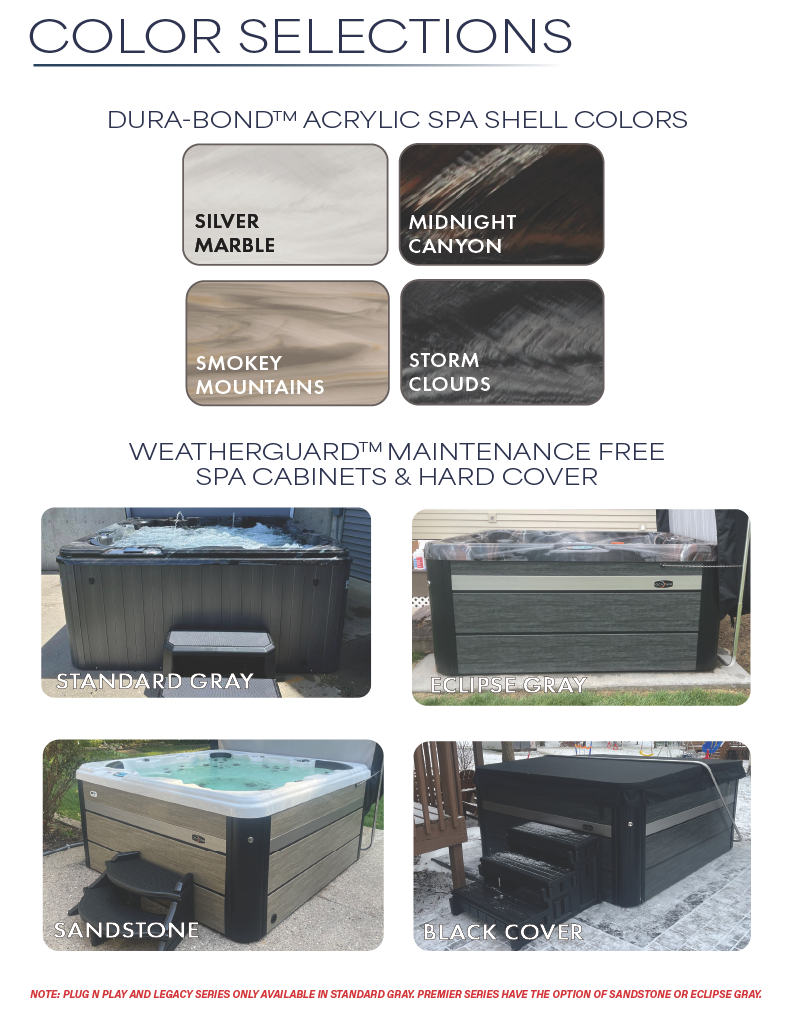 A display of hot tub color options and style choices. The top section shows four acrylic spa shell colors: Silver Marble, Midnight Canyon, Smokey Mountains, and Storm Clouds. The bottom section features four hot tub cabinet styles with hard covers: S