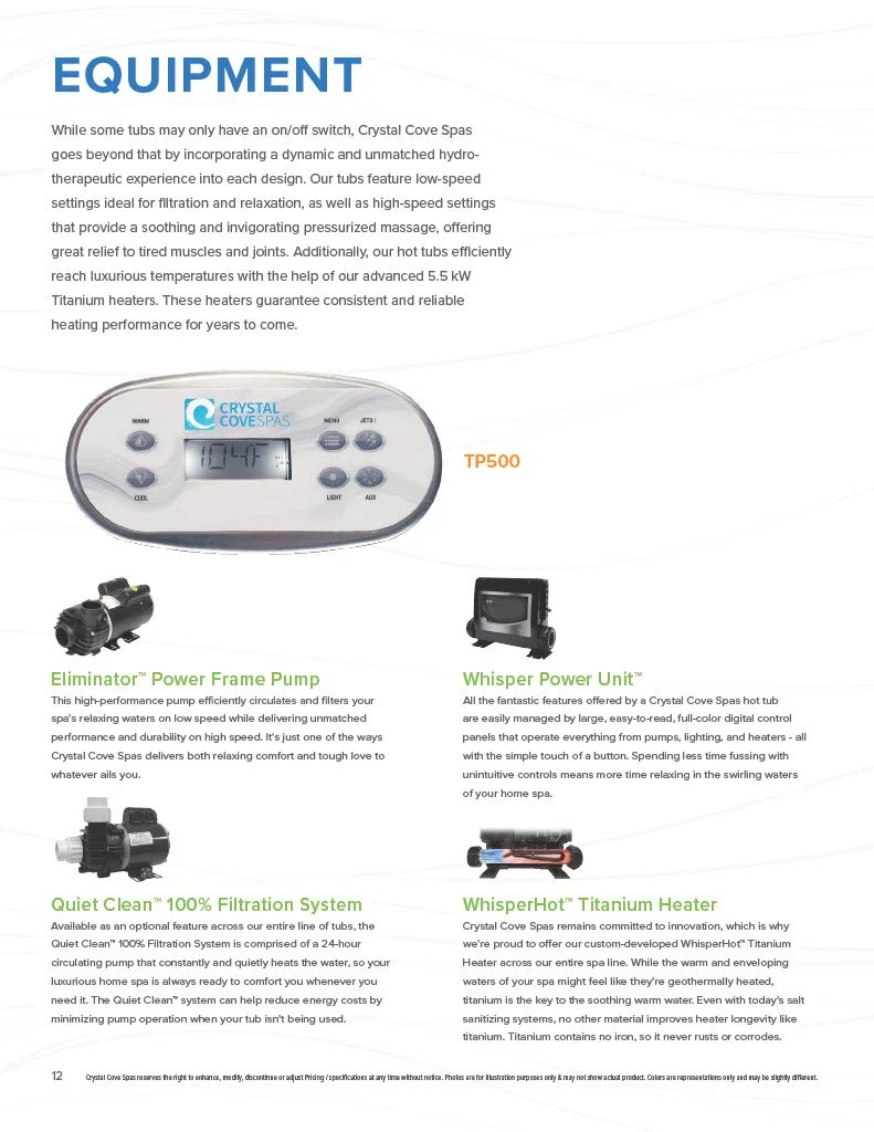 Image from a product catalog showing equipment for a spa, including a control panel, Power Frame Pump, Whisper Power Unit, Quiet Clean Filtration System, and WhisperHot Titanium Heater, with descriptions of each feature.