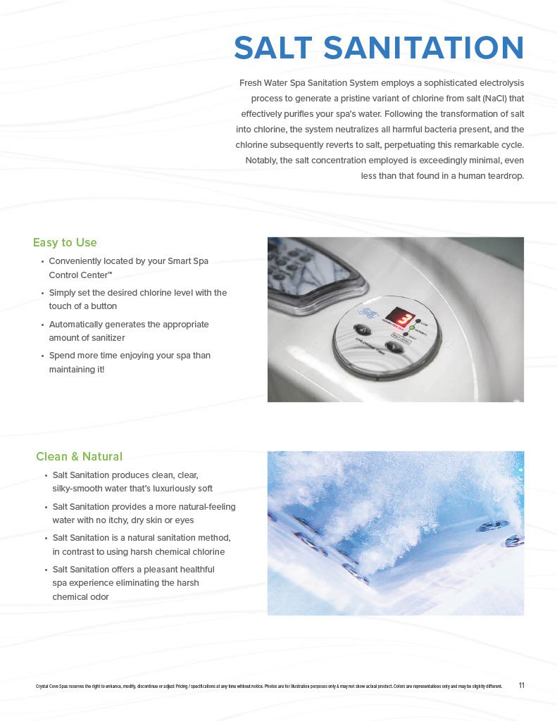 Information about salt sanitation systems for spas, including a control unit and water images.