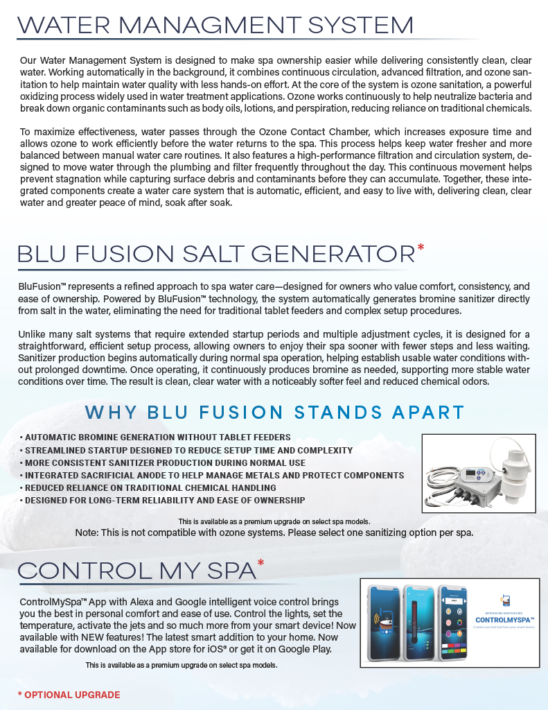 Information sheet about spa water management system, Blu Fusion salt generator, and Control My Spa app, including descriptions of features and benefits.