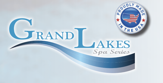 Logo for Grand Lakes Spa Series with a badge that says 'Proudly Made in the USA' featuring an American flag and a map outline of the USA.