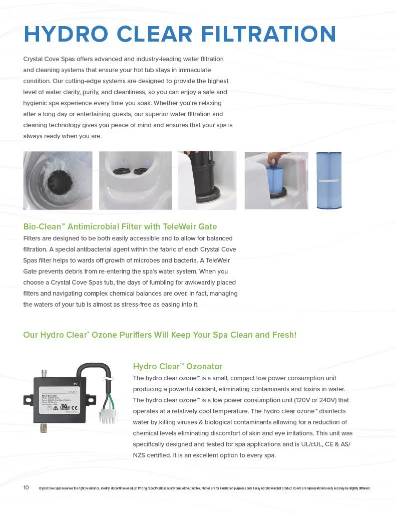 Pamphlet or informational sheet about Crystal Cove Spas' water filtration and purification systems, including Hydro Clear antimicrobial filter, TeleWeir Gate, and Hydro Clear ozone purifier.