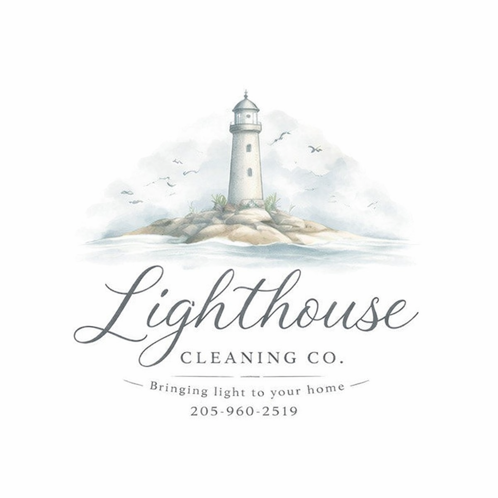 A logo for Lighthouse Cleaning Co. featuring a watercolor illustration of a lighthouse on a rocky island with birds flying around. The text reads "Lighthouse Cleaning Co., Bringing light to your home, 205-960-2519."
