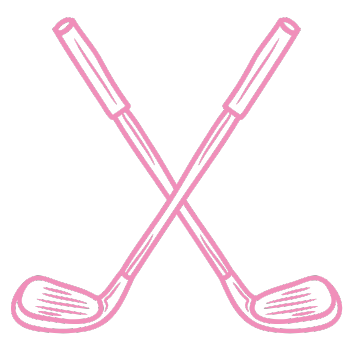 Two pink crossed golf clubs on a black background.