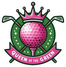 A logo featuring a pink golf ball wearing a crown, with two golf clubs crossed behind it. A pink banner below reads 'Queen of the Green'.