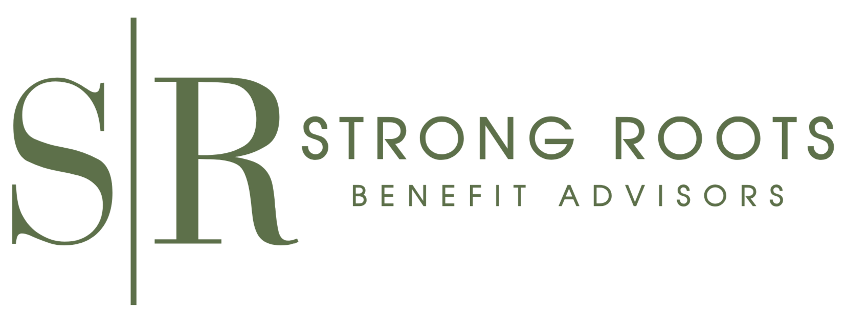 Logo with large 'S' and 'R' separated by a vertical line, accompanied by the text 'Strong Roots Benefit Advisors' in green.