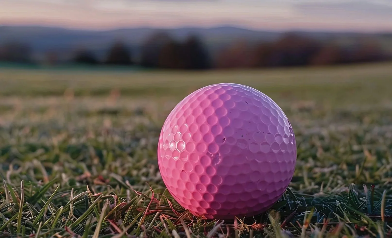 Close-up of a pink golf ball on a grassy field with a blurred background.