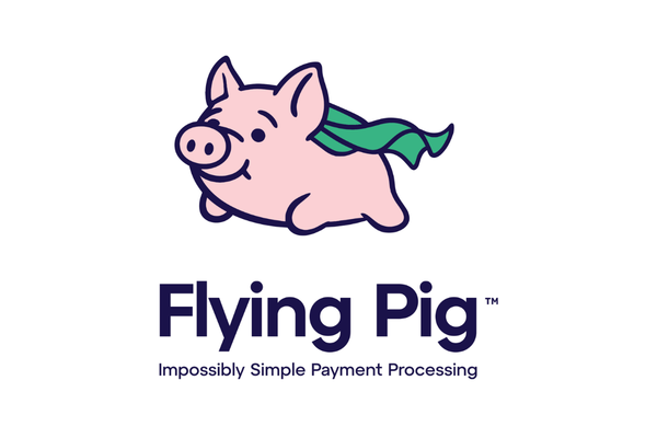 Cartoon pig with wings and a green cape, with text that says 'Flying Pig' and 'Impossibly Simple Payment Processing.'