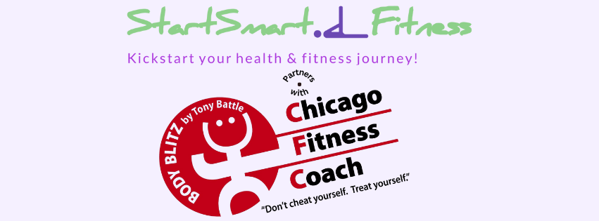 Graphic promoting StartSmart.L Fitness, a partnership with Chicago Fitness Coach, featuring a red and white logo with a smiling stick figure, and the text 'Kickstart your health & fitness journey!'
