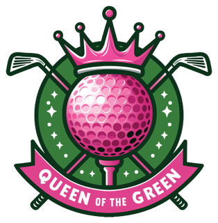 A pink golf ball wearing a crown, with golf clubs crossed behind it and green decorative elements, featuring a banner that says 'Queen of the Green'.