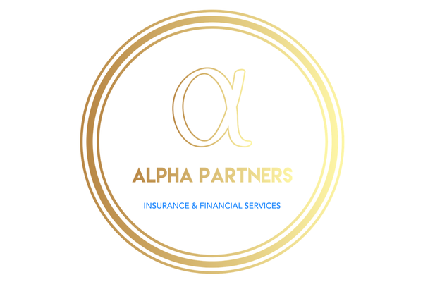Logo with a large Greek alpha symbol inside a circular gold gradient border, text reads 'ALPHA PARTNERS' in gold and 'INSURANCE & FINANCIAL SERVICES' in blue underneath.