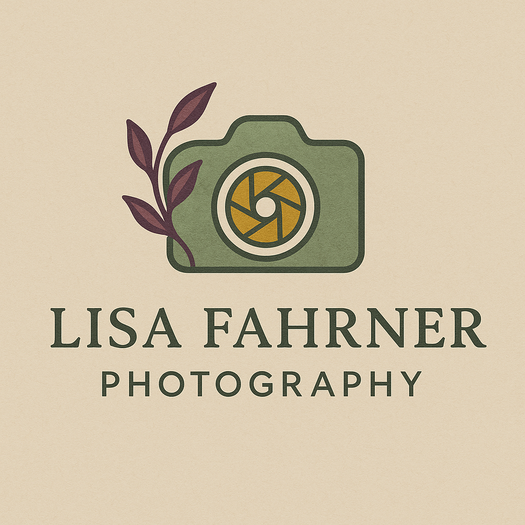 A logo featuring a green camera with a brown leaf on its left side, and the words "LISA FAHRNER PHOTOGRAPHY" below it.