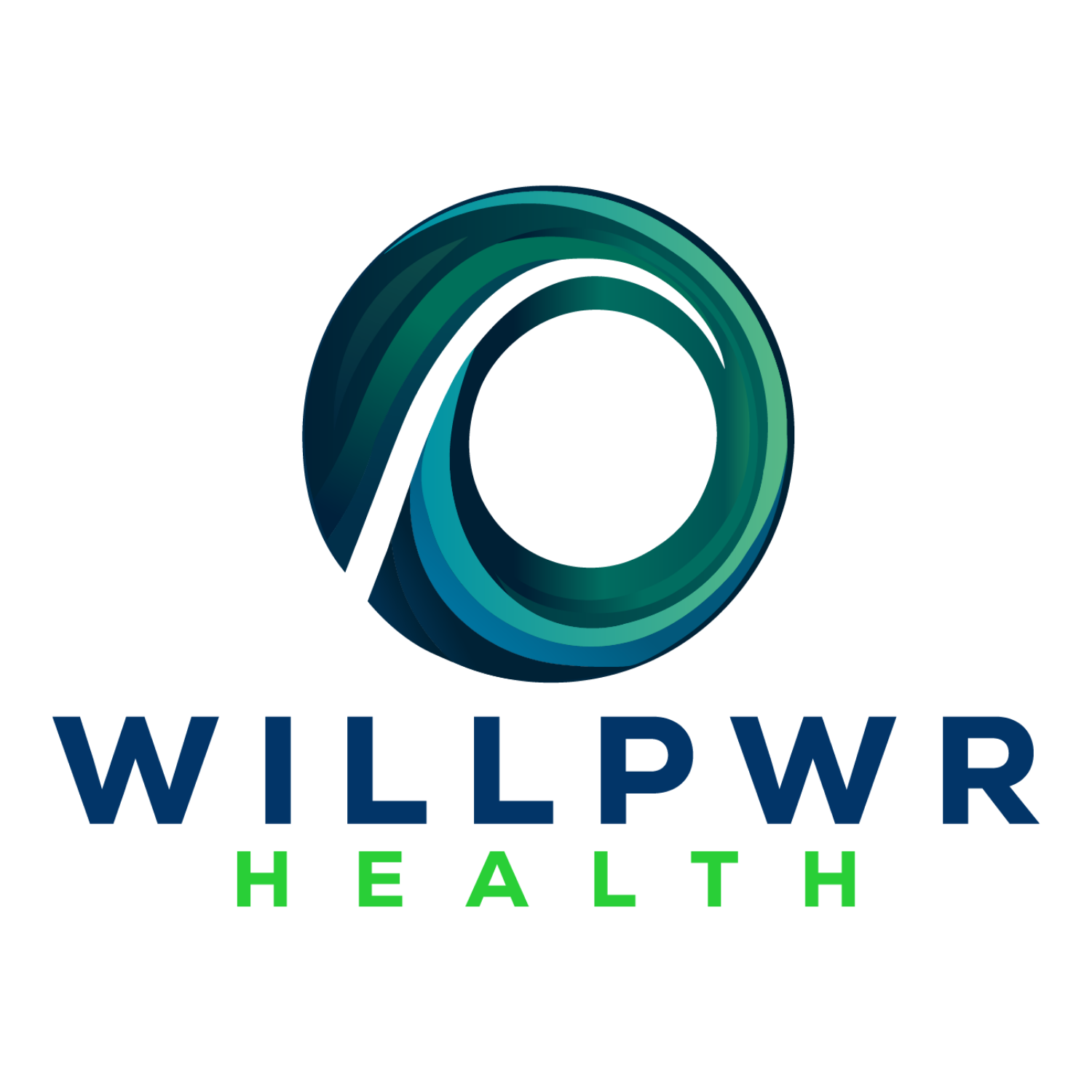 Logo of Willpwr Health featuring a circular, wave-like design in shades of blue and green, with the company's name below in bold blue and green letters.