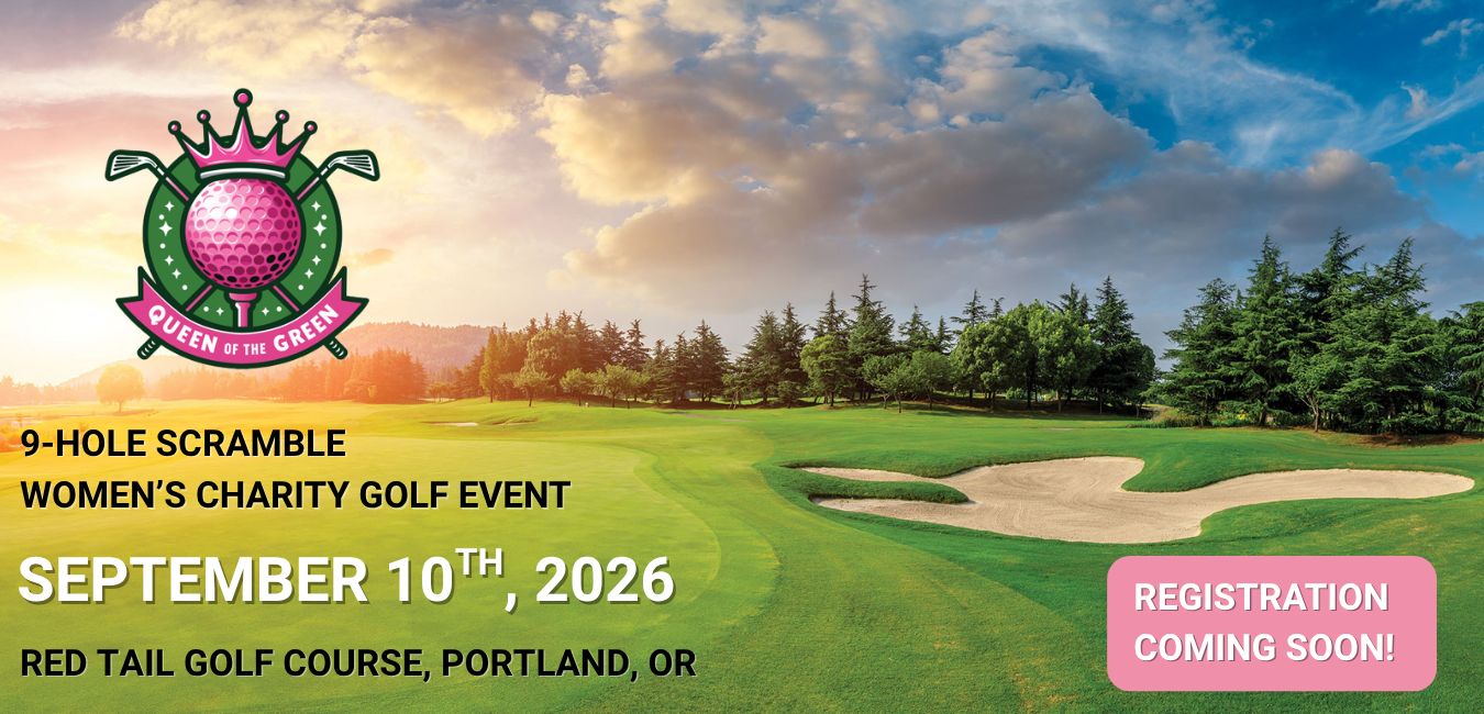 A promotional graphic for the Queen of the Green women's charity golf event featuring a scenic golf course with bunkers and trees, a sky with clouds at sunset, and a pink logo with a golf ball and crown.