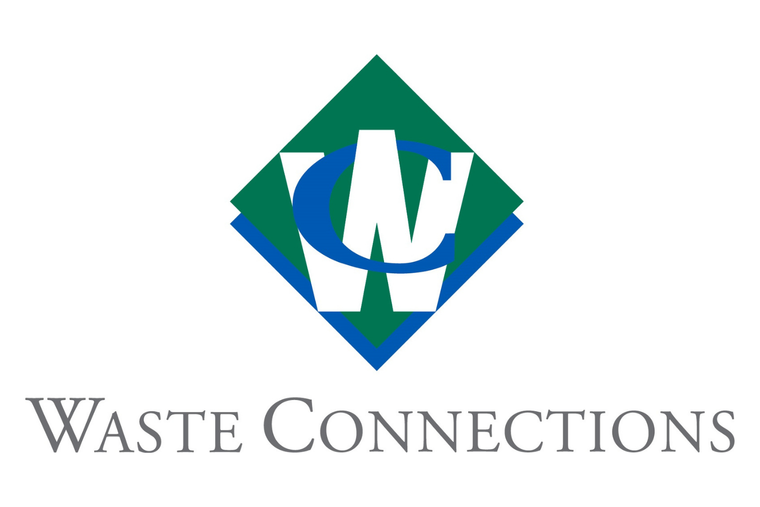 Waste Connections logo featuring a green and blue diamond shape with a white and blue 'W' and 'C' in the center, and the company name below in gray text.