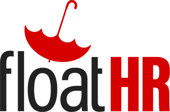 Logo with an umbrella and the words 'float HR' in black and red text.