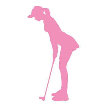 Silhouette of a person playing golf, holding a golf club, in pink.