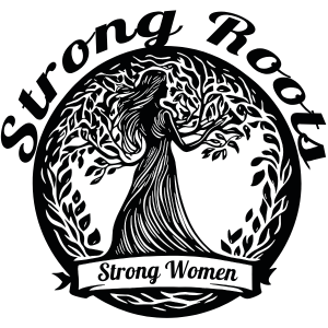 A white silhouette of a woman with long flowing hair standing in front of a large tree with numerous branches and leaves. Below, a banner reads "Strong Women." The background is black.
