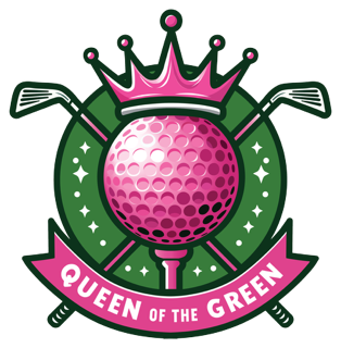 A logo featuring a pink golf ball with a crown on top, crossed golf clubs behind it, and a green circular border with stars. A pink banner at the bottom reads "Queen of the Green."