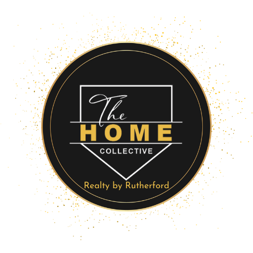 Logo for The Home Collective featuring black, gold, and white colors with a circular design and the words "The Home Collective" and "Realty by Rutherford".