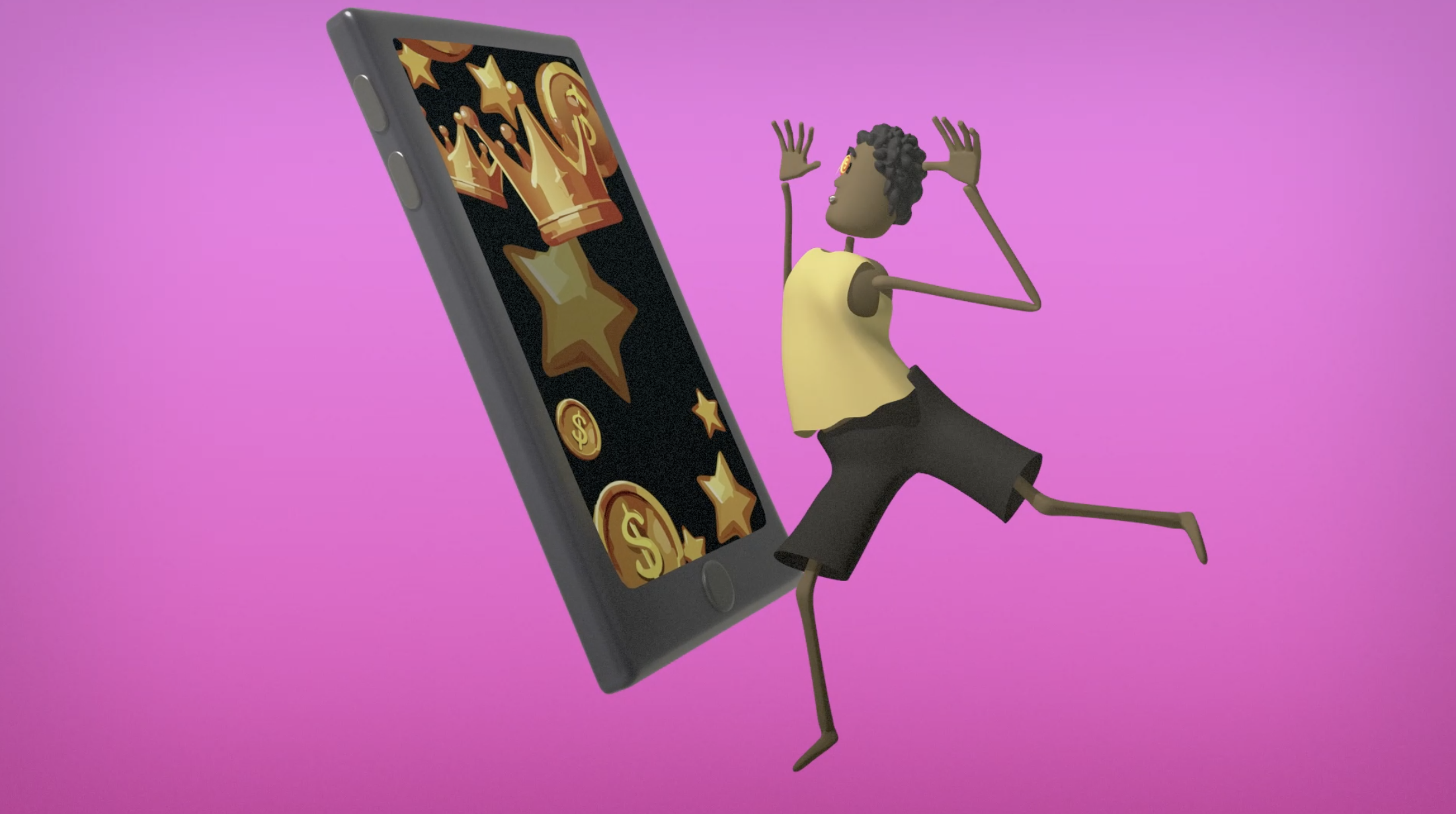 Animated characters reacting to a phone notification promoting online gambling, showing the risks of scams and financial loss.