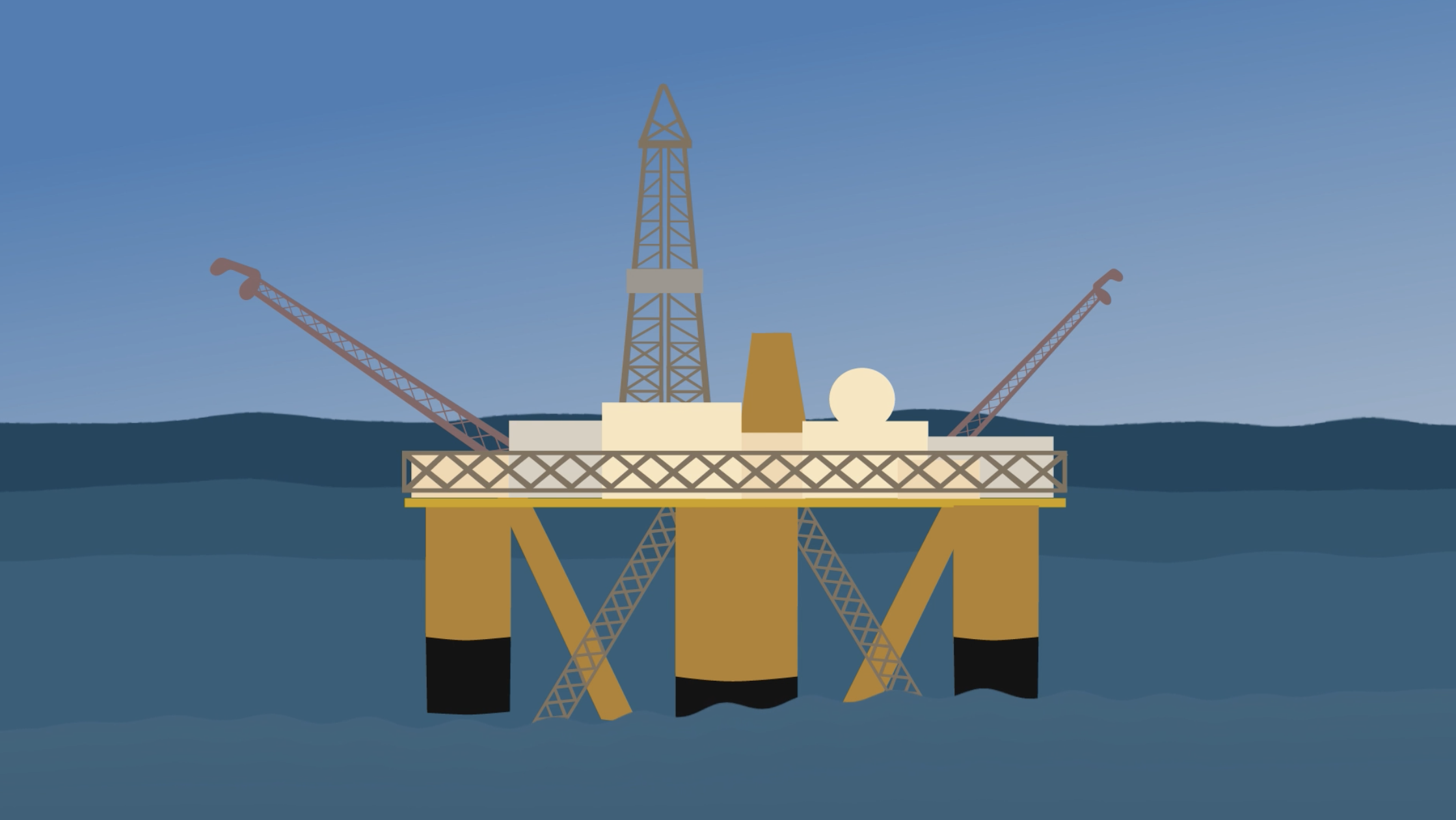 Illustration showing gas pipelines and industrial development in the Northern Territory, representing offshore drilling, fracking and processing facilities.
