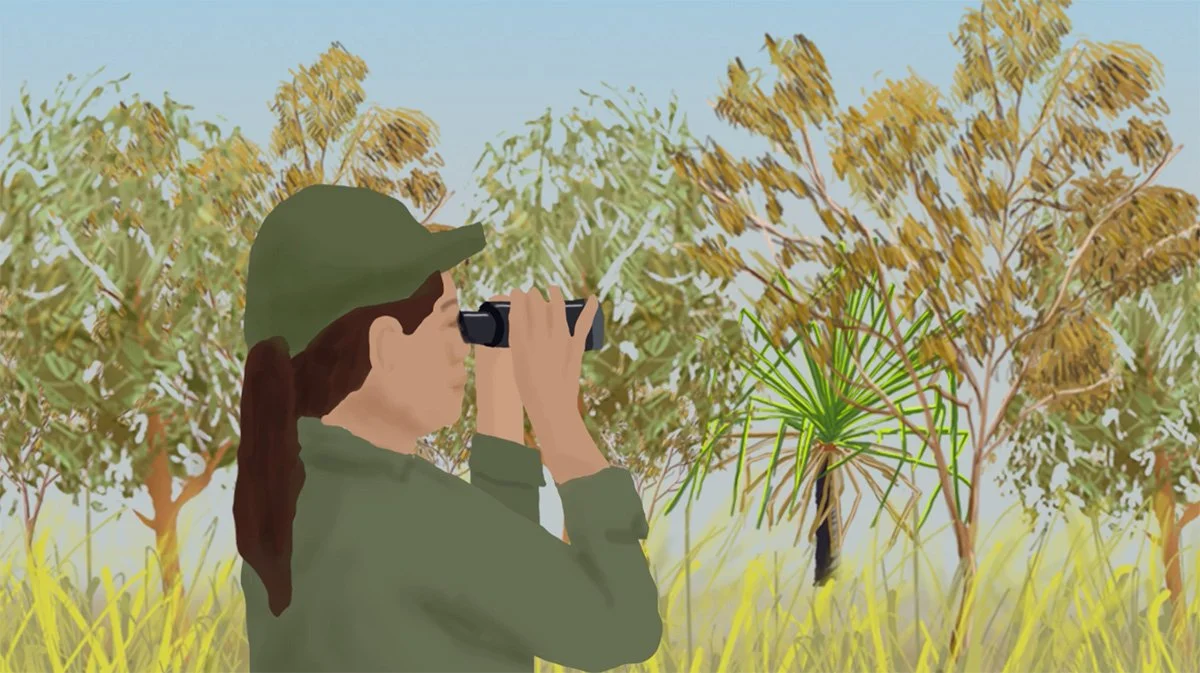 Animation showing hunters and bush travellers encountering sick animals and biosecurity risks in remote Australia.