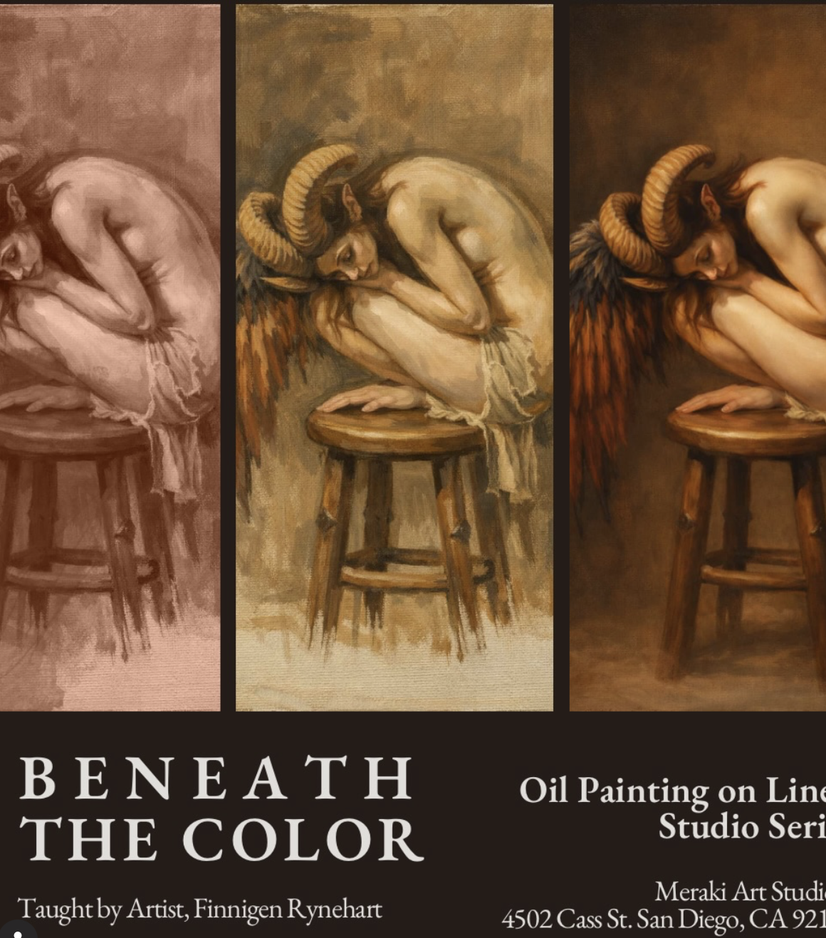 A triptych of oil paintings of a woman with ram horns, sitting on a stool and resting her head on her arm, depicted in three different color schemes: monochrome, warm earthy tones, and vibrant colors.