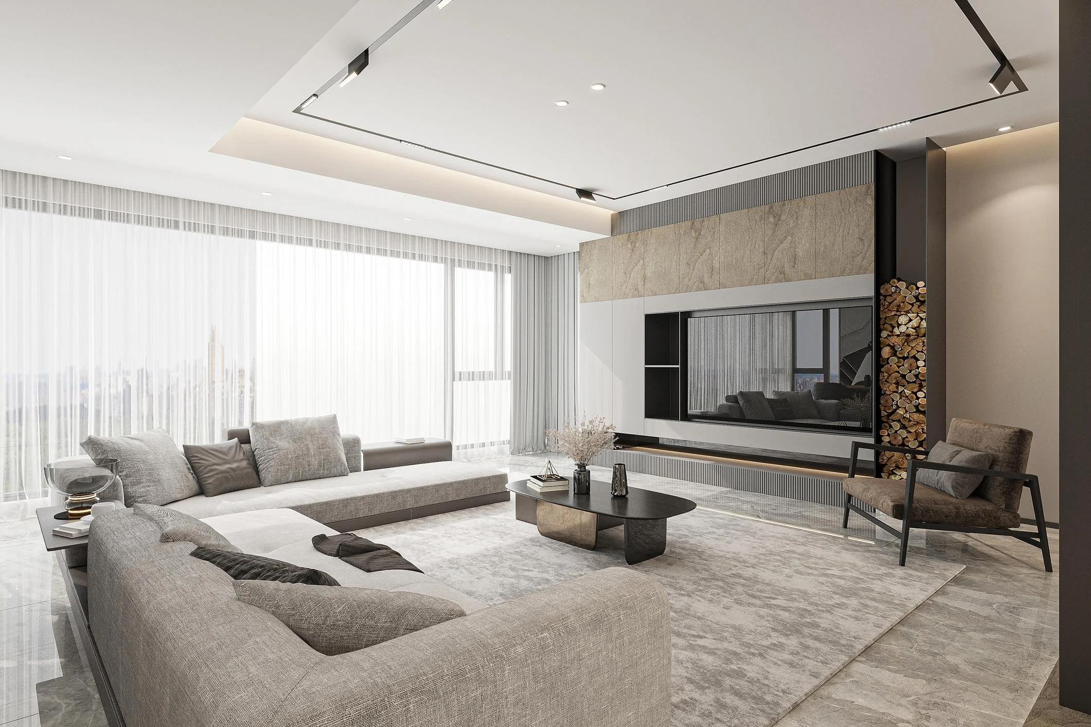 Modern living room with large light gray sectional sofa, armchair, black coffee table with decorative vases, and a built-in fireplace with stacked firewood, large floor-to-ceiling windows with sheer curtains, and minimalist design elements.