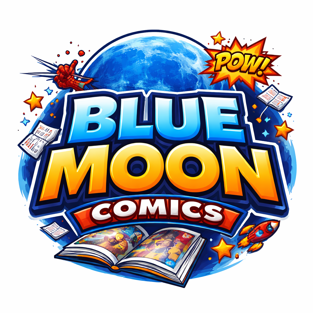 Colorful comic book logo for Blue Moon Comics with an illustration of Earth in the background, a hand drawing on paper, an open comic book, and a rocket ship, featuring speech bubbles and action words like 'POW!'.