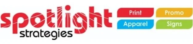 Logo for Spotlight Strategies with colored tags labeled Print, Promo, Apparel, and Signs.