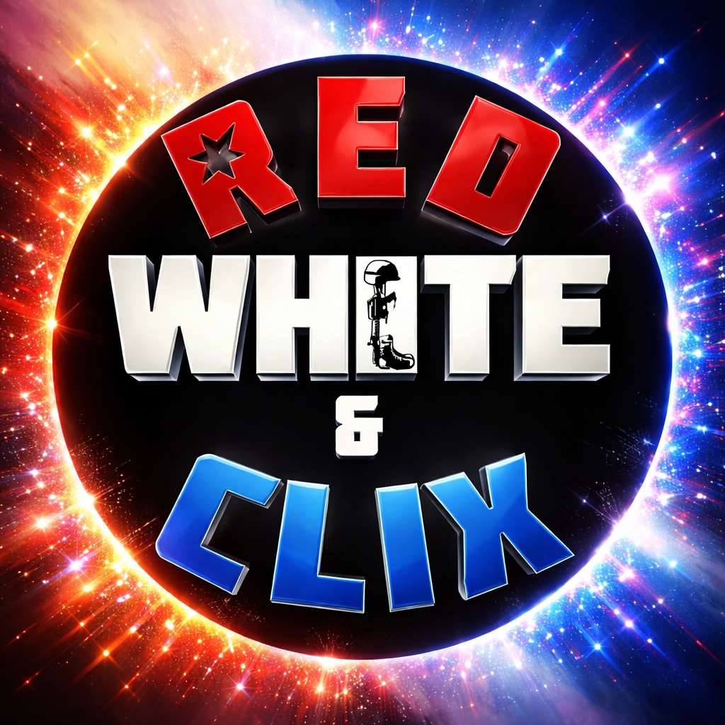The logo for the reality TV show "Red, White & Clix" with bold red, white, and blue text against a cosmic background with bright stars and colorful light streaks.