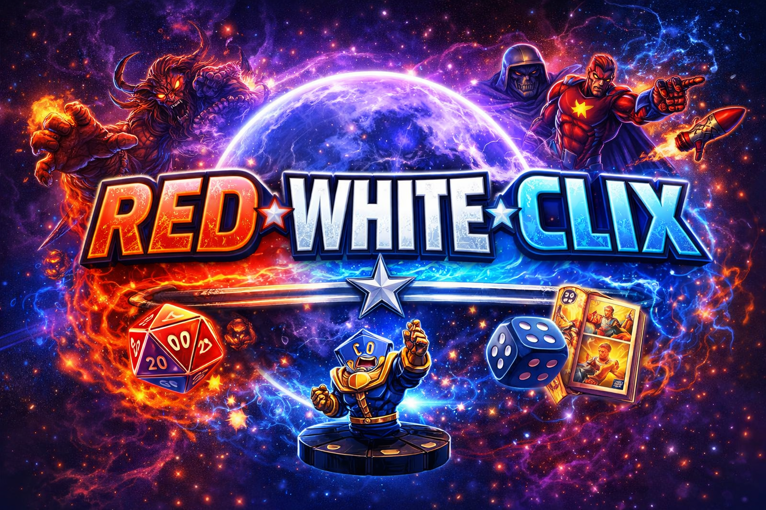 Colorful fantasy-themed game logo titled "Red White Clix" with cosmic background, featuring dragons, a space soldier, a rocket, a superhero, a 20-sided die, a five-die, and a card deck.