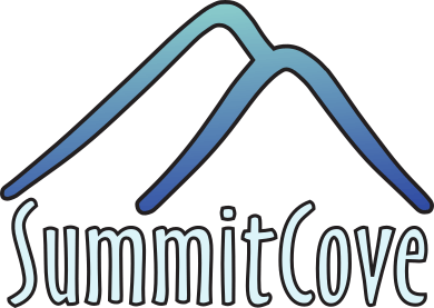 Summit Cove logo for booking a vacation at Crystal Cottage in Keystone, Colorado, featuring stylized mountain peaks above the text 'Summit Cove'