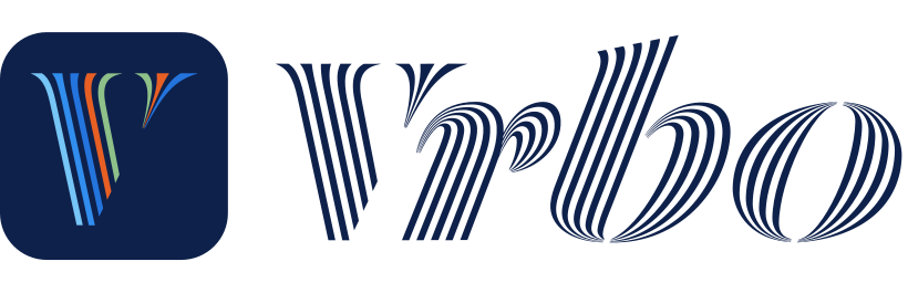Vrbo logo for booking a vacation at Crystal Cottage in Keystone, Colorado, with the word 'Vrbo' written in stylized dark blue font next to a blue square icon with five colorful vertical lines.