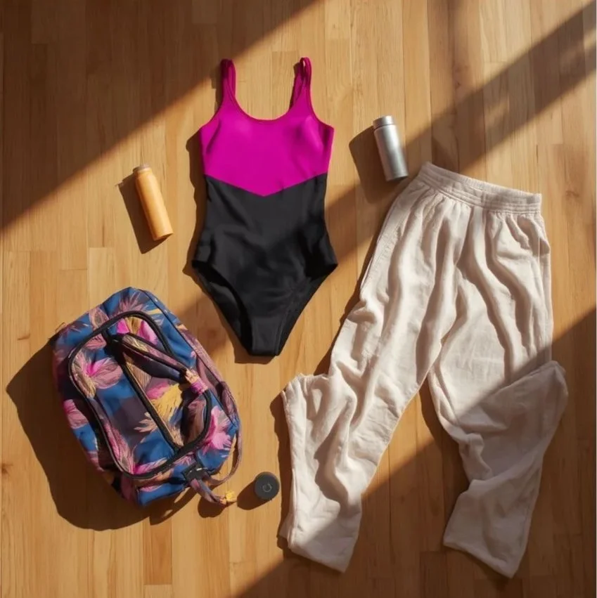Women’s pink and black one-piece swimsuit, beige jogger pants, two water bottles (one orange, one silver), a patterned backpack, and a small black container on a wooden floor, with sunlight and shadows.