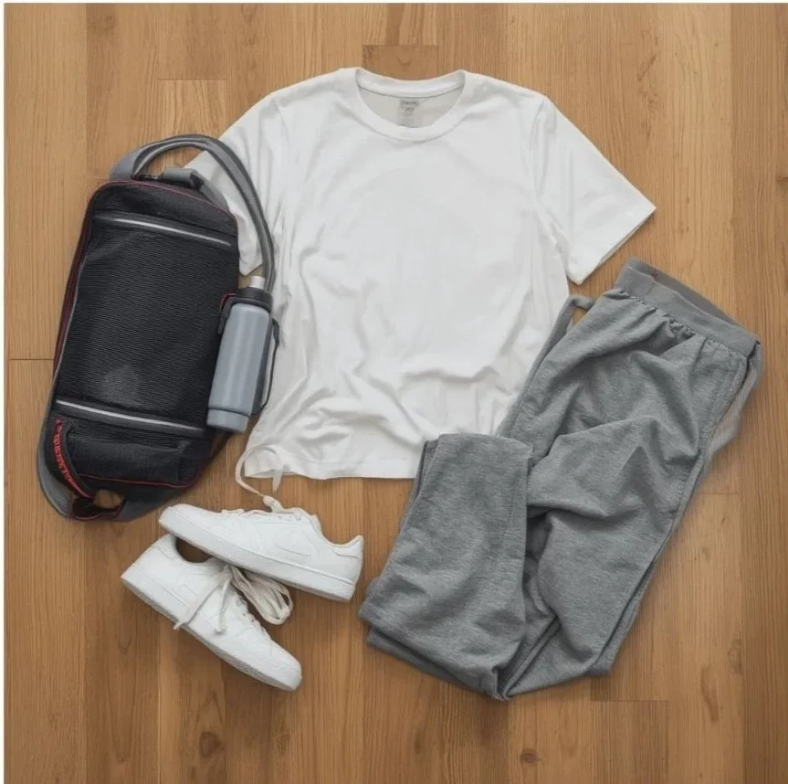 A white t-shirt, gray athletic pants, white sneakers, a black and red backpack, and a water bottle on a wooden floor.