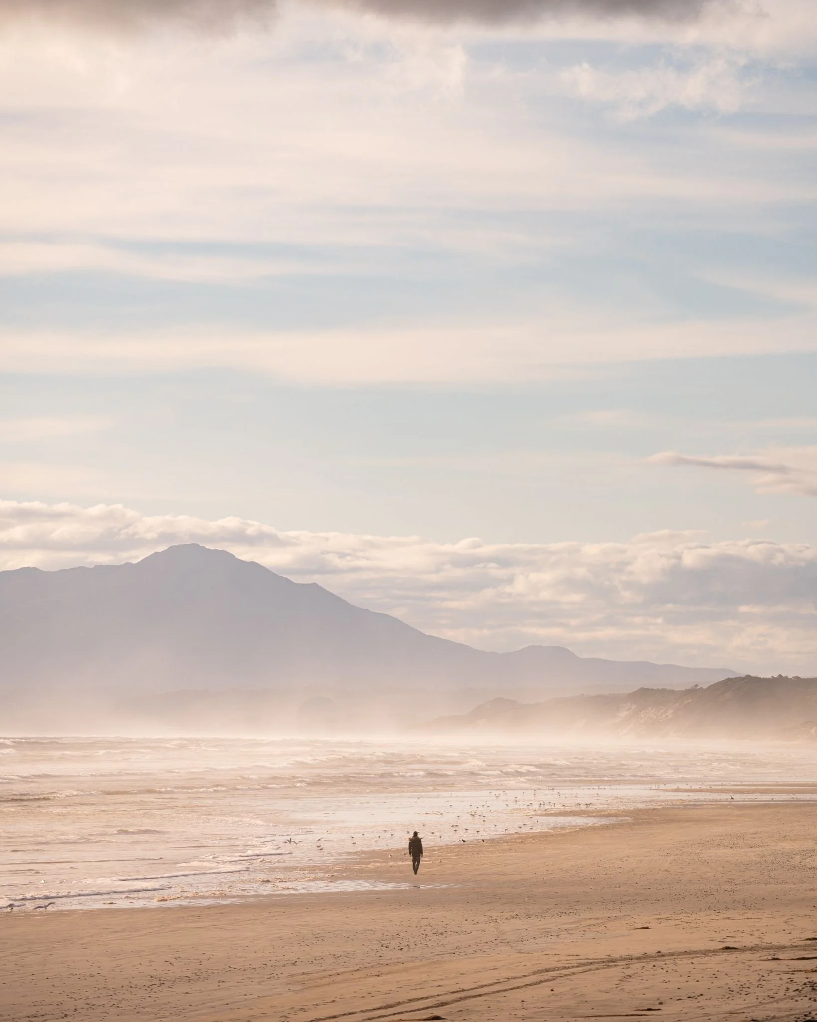 A person walking alone on a sandy beach with mountains in the background, clouds in the sky, and mist over the water.