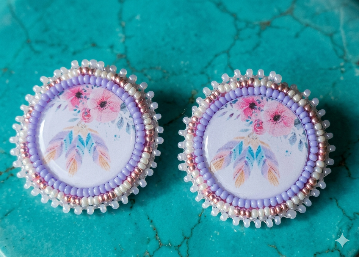 Round Flower and Feather Cabochon Center Earrings