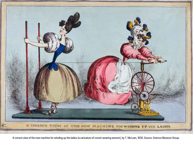 Caricature of two women in 1830 from 1830, with one woman dressed as a corset-wearing lady and the other as a spinning wheel, illustrating a humorous take on the new machine for winding up ladies.