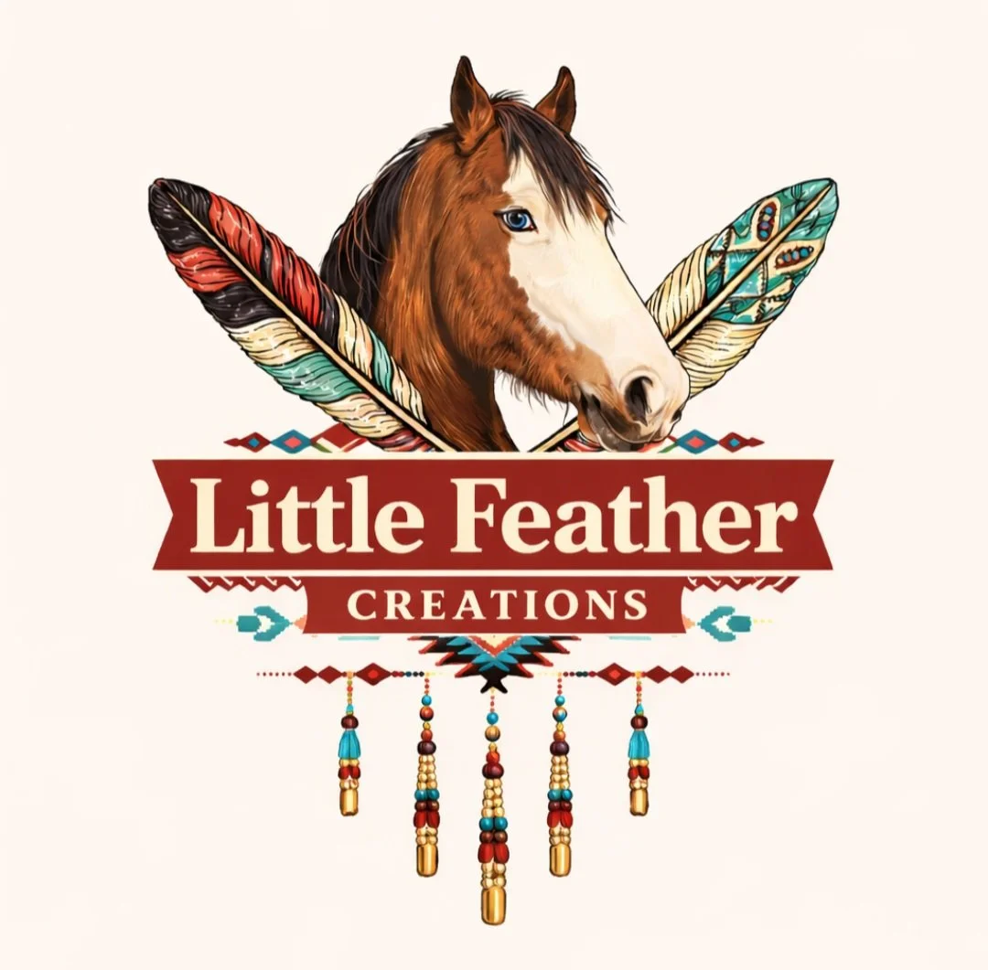 Logo for Little Feather Creations featuring a horse's head with colorful feathers and beadwork.