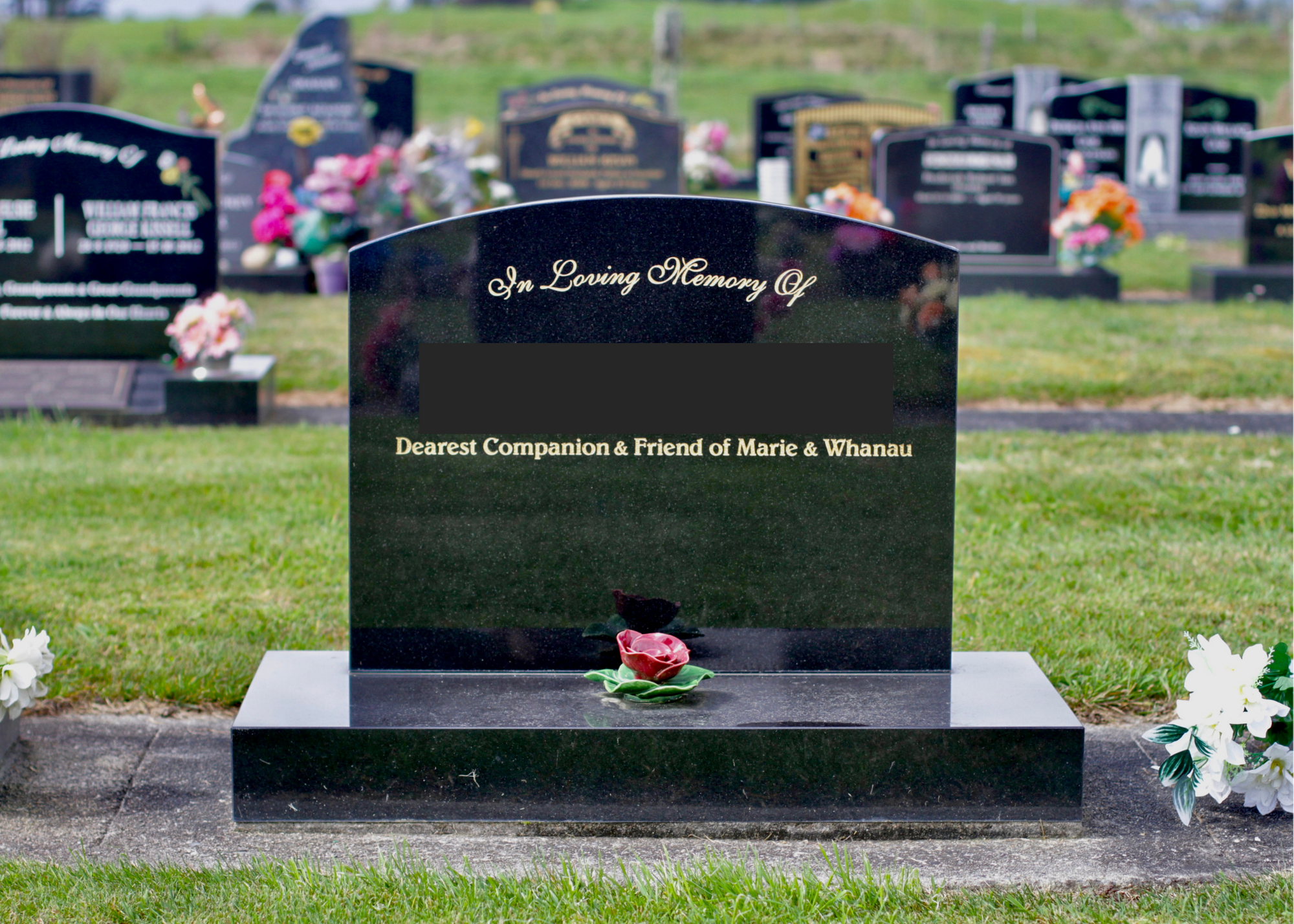 Black granite headstone in a cemetery with pink and white artificial flowers at its base, surrounded by other headstones with flowers and decorations.